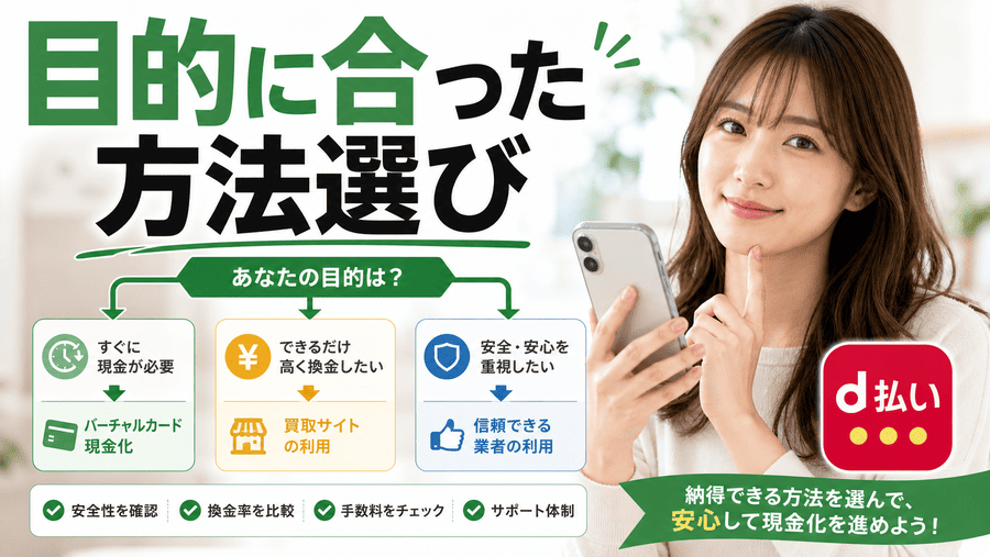 【まとめ】d払い現金化は目的に合った方法選びが重要
